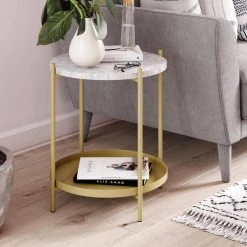 Alexis White Faux Marble with Gold Brass Metal Frame Round End Side Table by Nathan James