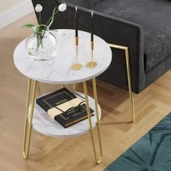 Ashley 18 in. White/Gold Round Faux Marble End Table with Brass Hairpin Legs and Storage Shelf by Nathan James 14 Ashley 18 in. White/Gold Round Faux Marble End Table with Brass Hairpin Legs and Storage Shelf by Nathan James -US Pride Furniture Shop white gold nathan james end side tables 33502 44 1000