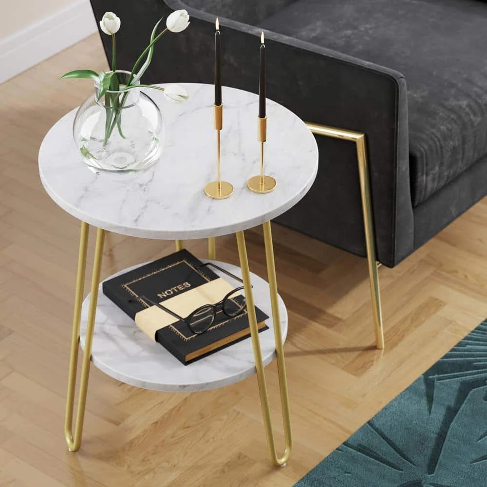 Ashley 18 in. White/Gold Round Faux Marble End Table with Brass Hairpin Legs and Storage Shelf by Nathan James 8 Ashley 18 in. White/Gold Round Faux Marble End Table with Brass Hairpin Legs and Storage Shelf by Nathan James - Image 6