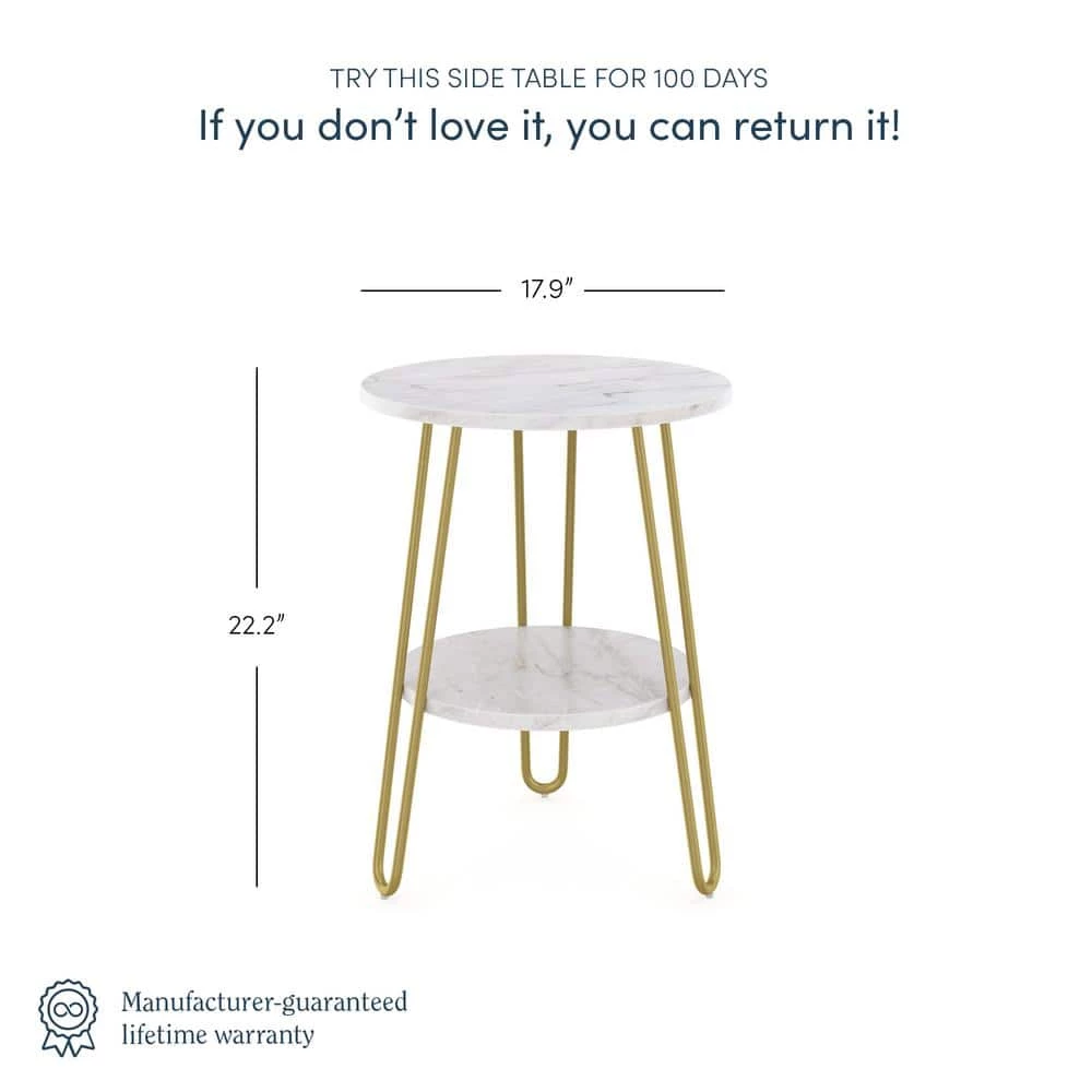 Ashley 18 in. White/Gold Round Faux Marble End Table with Brass Hairpin Legs and Storage Shelf by Nathan James 6 Ashley 18 in. White/Gold Round Faux Marble End Table with Brass Hairpin Legs and Storage Shelf by Nathan James - Image 4