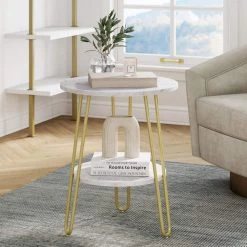 Ashley 18 in. White/Gold Round Faux Marble End Table with Brass Hairpin Legs and Storage Shelf by Nathan James