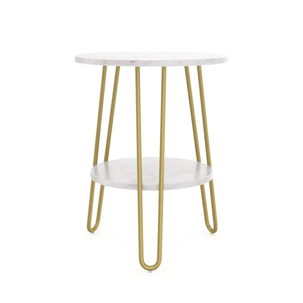Ashley 18 in. White/Gold Round Faux Marble End Table with Brass Hairpin Legs and Storage Shelf by Nathan James 4 Ashley 18 in. White/Gold Round Faux Marble End Table with Brass Hairpin Legs and Storage Shelf by Nathan James - Image 2