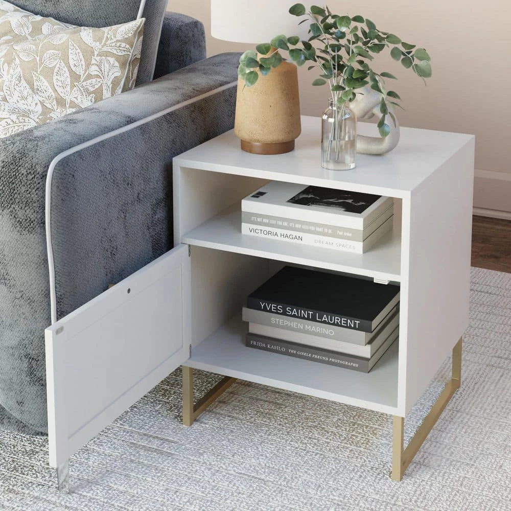 Mina White/Gold Accent Table with Rattan Storage Door Living Room End Table Bedroom Nightstand 22 in. x 19 in. x 17 in. by Nathan James 7 Mina White/Gold Accent Table with Rattan Storage Door Living Room End Table Bedroom Nightstand 22 in. x 19 in. x 17 in. by Nathan James - Image 5