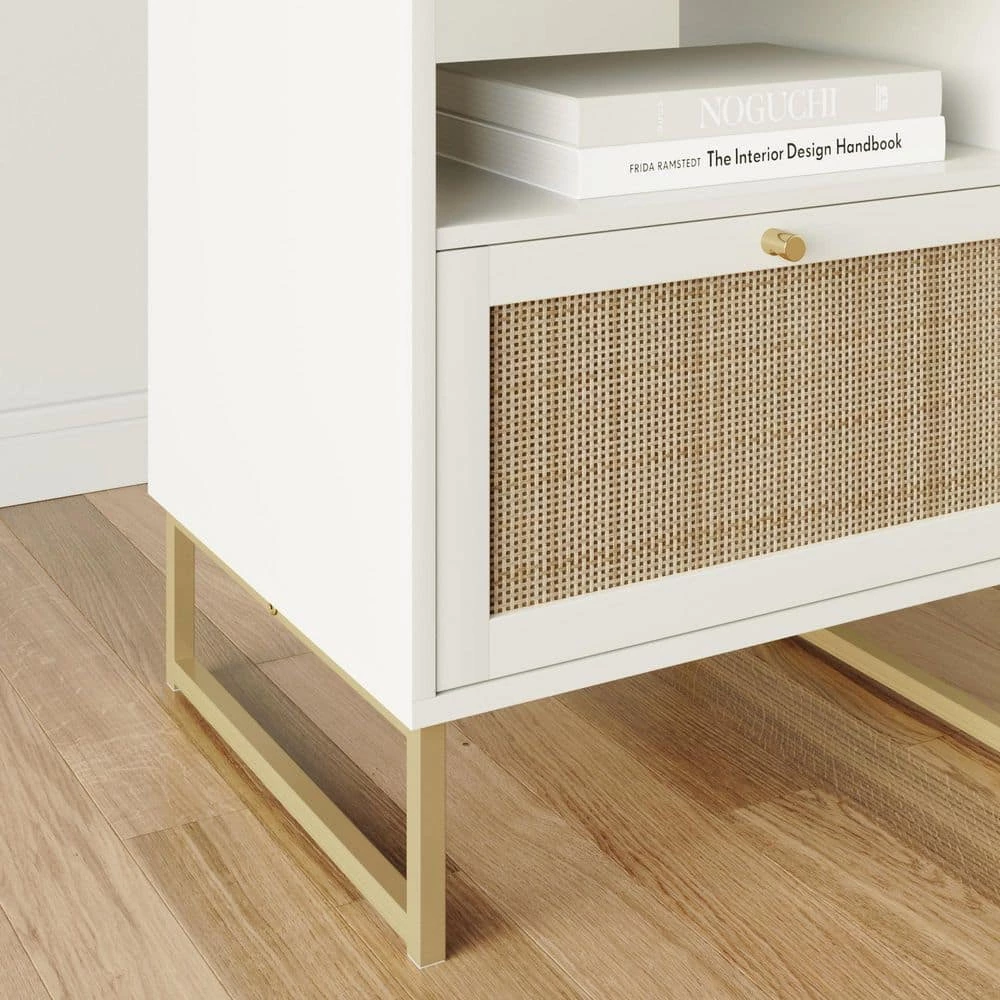 Mina White/Gold Accent Table with Rattan Storage Door Living Room End Table Bedroom Nightstand 22 in. x 19 in. x 17 in. by Nathan James 8 Mina White/Gold Accent Table with Rattan Storage Door Living Room End Table Bedroom Nightstand 22 in. x 19 in. x 17 in. by Nathan James - Image 6