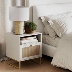 US Pride Furniture Shop 23 Mina White/Gold Accent Table with Rattan Storage Door Living Room End Table Bedroom Nightstand 22 in. x 19 in. x 17 in. by Nathan James