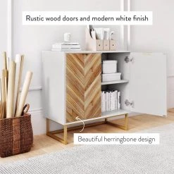 Enloe White Frame with Brown Rustic Doors and Gold Base Free Standing Modern Storage Cabinet for Entryway or Living Room by Nathan James -US Pride Furniture Shop white gold nathan james sideboards buffet tables 71201 44 1000