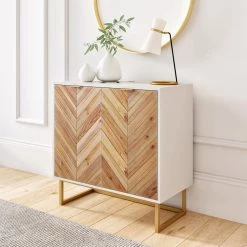 Enloe White Frame with Brown Rustic Doors and Gold Base Free Standing Modern Storage Cabinet for Entryway or Living Room by Nathan James