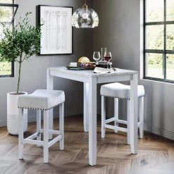 Viktor Three-Piece Dining Set Kitchen Pub Table Marble Top White Wood Base Light Gray Fabric Seat by Nathan James -US Pride Furniture Shop white light gray nathan james dining room sets 41201 31 1000
