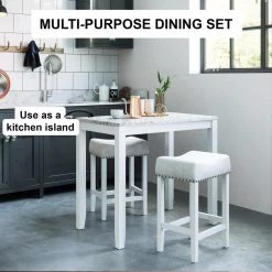 Viktor Three-Piece Dining Set Kitchen Pub Table Marble Top White Wood Base Light Gray Fabric Seat by Nathan James -US Pride Furniture Shop white light gray nathan james dining room sets 41201 44 1000