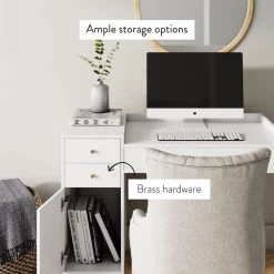 Daisy White and Gold Makeup Desk with 4-Drawers and Brass Accent Knobs Vanity Table by Nathan James -US Pride Furniture Shop white nathan james makeup vanities 54001 1f 1000