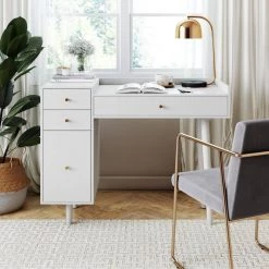 Daisy White and Gold Makeup Desk with 4-Drawers and Brass Accent Knobs Vanity Table by Nathan James -US Pride Furniture Shop white nathan james makeup vanities 54001 31 1000