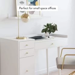 Daisy White and Gold Makeup Desk with 4-Drawers and Brass Accent Knobs Vanity Table by Nathan James -US Pride Furniture Shop white nathan james makeup vanities 54001 44 1000