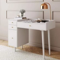 Daisy White and Gold Makeup Desk with 4-Drawers and Brass Accent Knobs Vanity Table by Nathan James