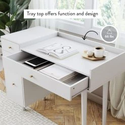 Daisy White and Gold Makeup Desk with 4-Drawers and Brass Accent Knobs Vanity Table by Nathan James -US Pride Furniture Shop white nathan james makeup vanities 54001 c3 1000