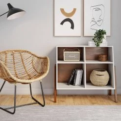 Telos Glossy White and Brown 4-Cube Organizer Storage Cabinet with Open Shelves and Angled Design by Nathan James -US Pride Furniture Shop white walnut nathan james accent cabinets 71001 31 1000