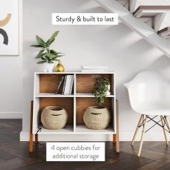 Telos Glossy White and Brown 4-Cube Organizer Storage Cabinet with Open Shelves and Angled Design by Nathan James -US Pride Furniture Shop white walnut nathan james accent cabinets 71001 fa 1000