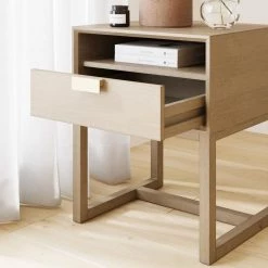 Luke Wood 16" Light Brown Wooden Nightstand Bed Side Table, Side Sofa or End Table with Storage Drawer and Open Cubby by Nathan James -US Pride Furniture Shop wire brushed nathan james end side tables 34901 44 1000