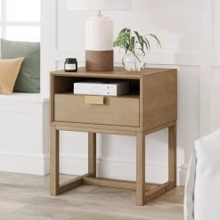 Luke Wood 16" Light Brown Wooden Nightstand Bed Side Table, Side Sofa or End Table with Storage Drawer and Open Cubby by Nathan James
